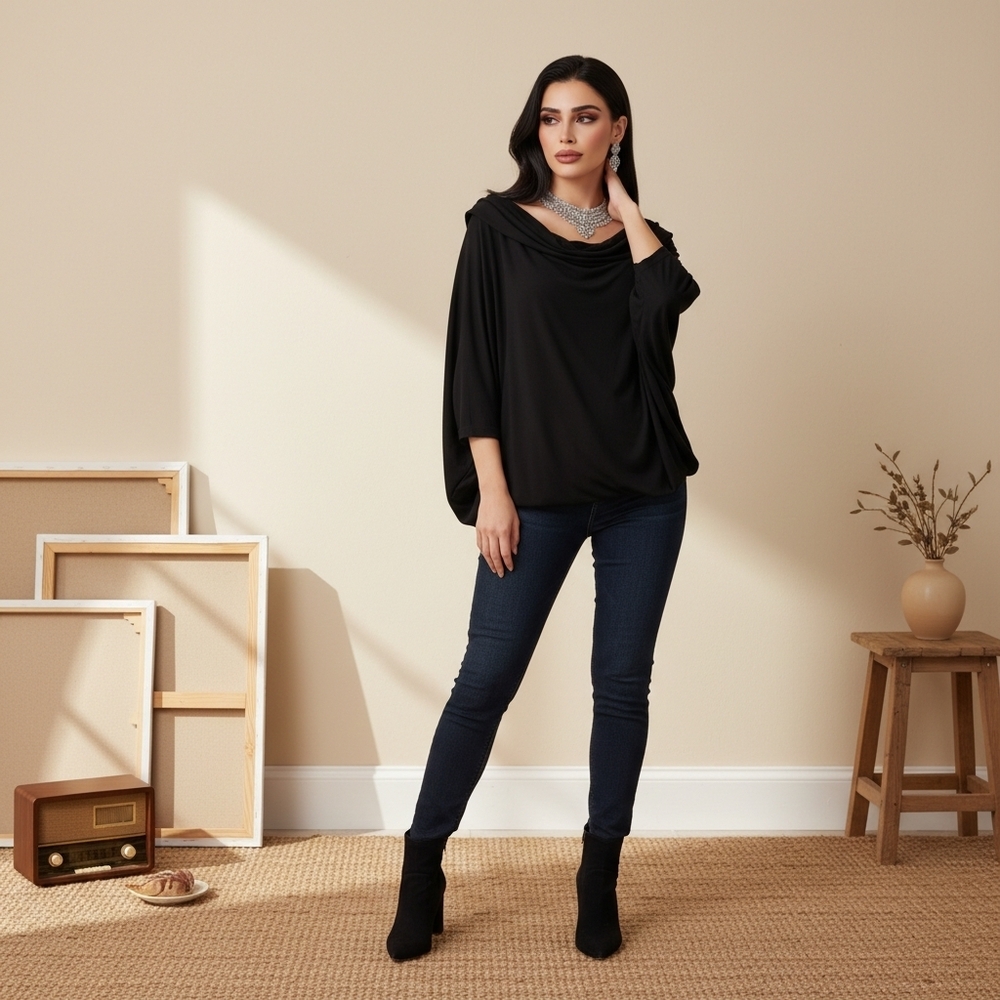 Black Oversized Slouch Whimsigoth Goth Scoop Off The Shoulder Cinch Waist Shirt